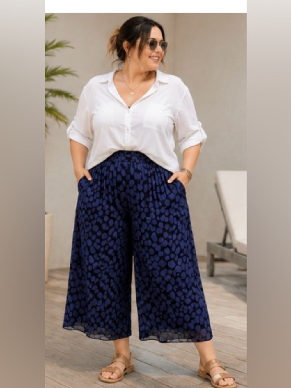Rani 100% Silk Made in Italy Navy Polka Dot Capri Palazzo Pants Size L